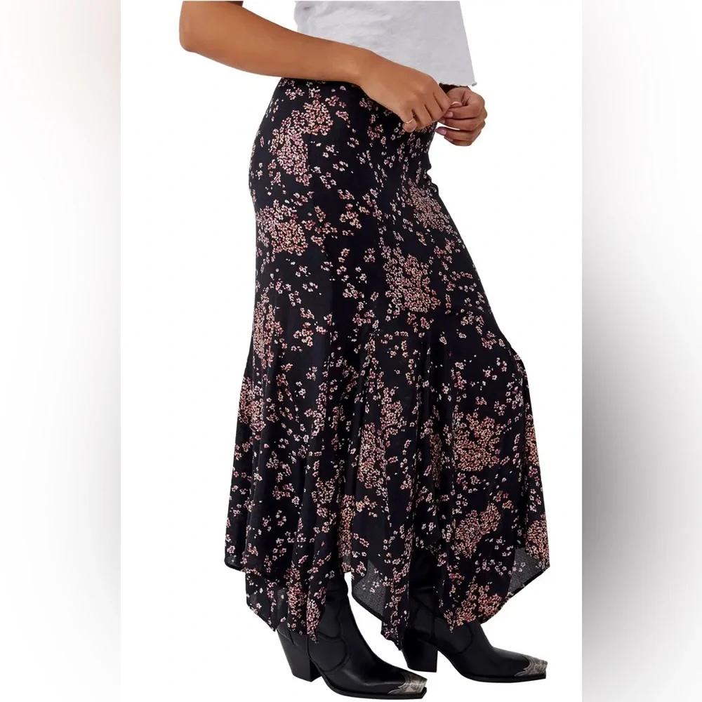 Free People Asymmetrical Floral Skirt in Black and Pink